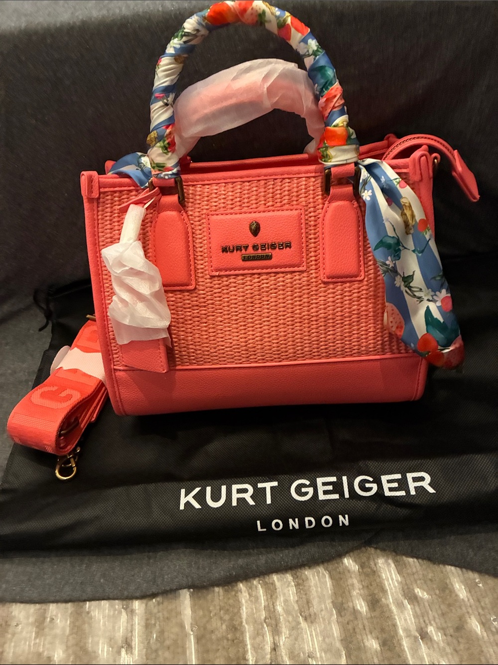 Kurt Geiger Coral Woven Satchel with Floral-Trim Handles dust bag included